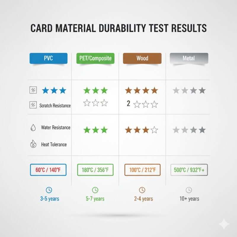 Infographic showing durability test results for PVC, PET, wood, and metal cards with scratch resistance, water resistance, and heat tolerance ratings displayed with visual icons