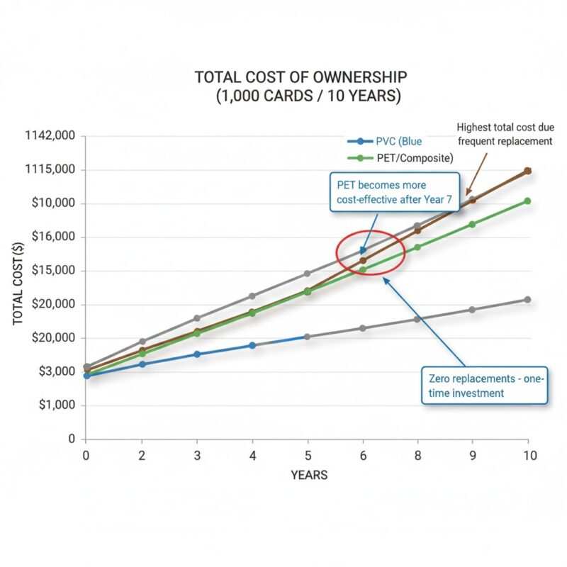 Line graph showing total cost of ownership over 10 years for PVC, PET, wood, and metal cards including replacement costs and showing crossover points