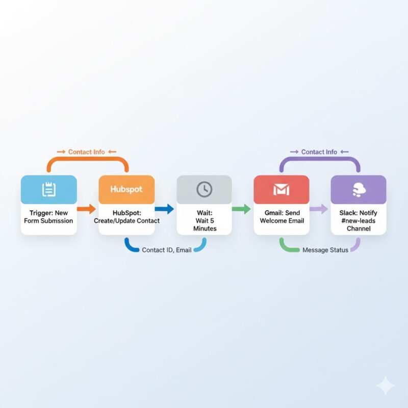 Visual workflow diagram showing multi-step automation including form trigger, HubSpot contact creation, delay, email notification, and Slack alert integration