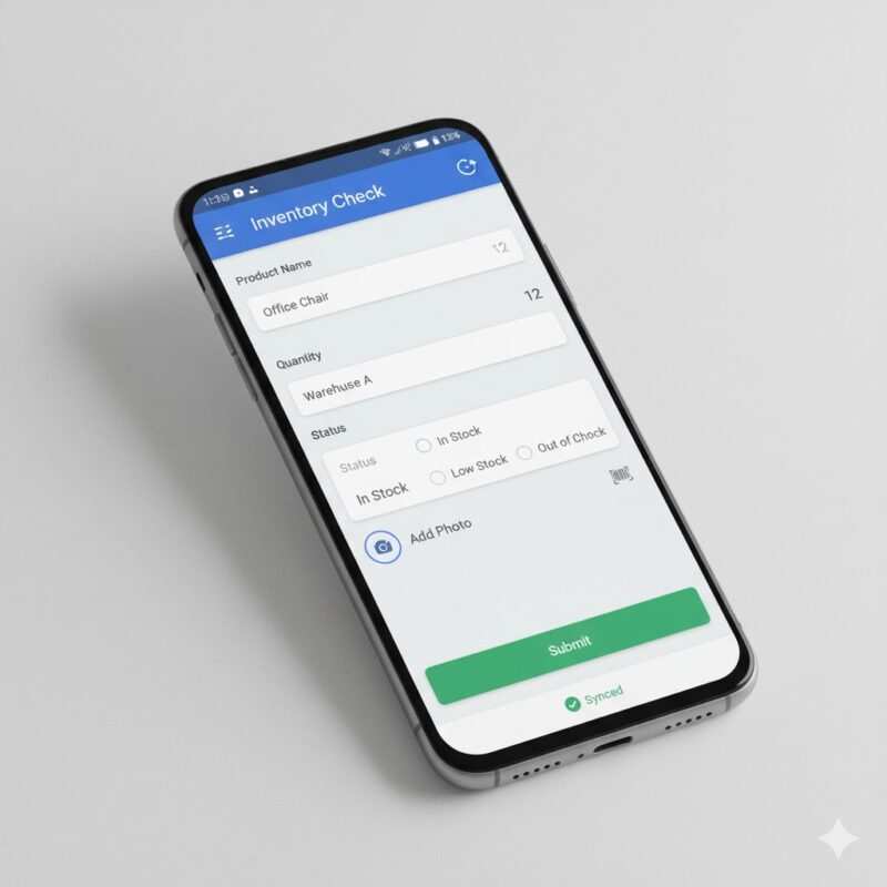 Mockup of a mobile phone displaying an AppSheet inventory tracking app with data entry fields and sync icon