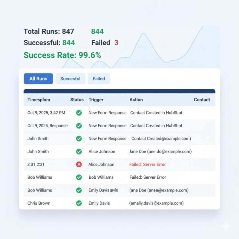 Workflow history log dashboard showing successful automation runs with timestamps, status indicators, and contact creation confirmations