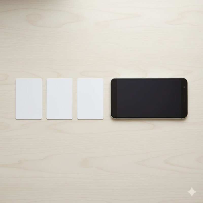 Blank white PVC NFC cards placed beside a modern Android phone on a desk