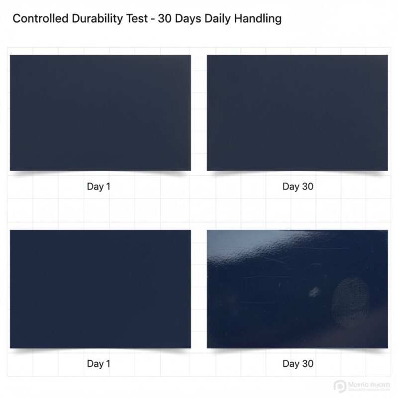 Before and after durability test showing matte finish business card with minimal visible wear compared to glossy finish card with prominent scratches and scuffs