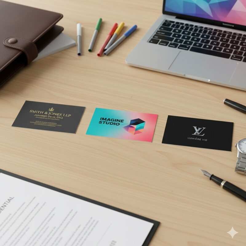 Collection of business cards showing matte finish for law firm, glossy finish for creative agency, and spot UV for luxury brand arranged by industry type