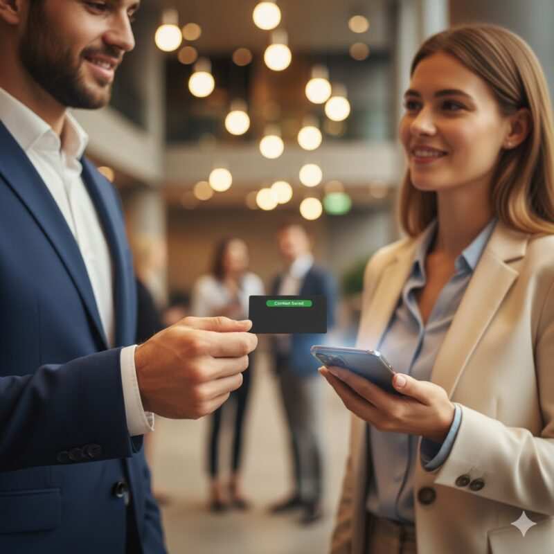 Two business professionals at a networking event with one tapping an NFC business card against a smartphone to share contact information