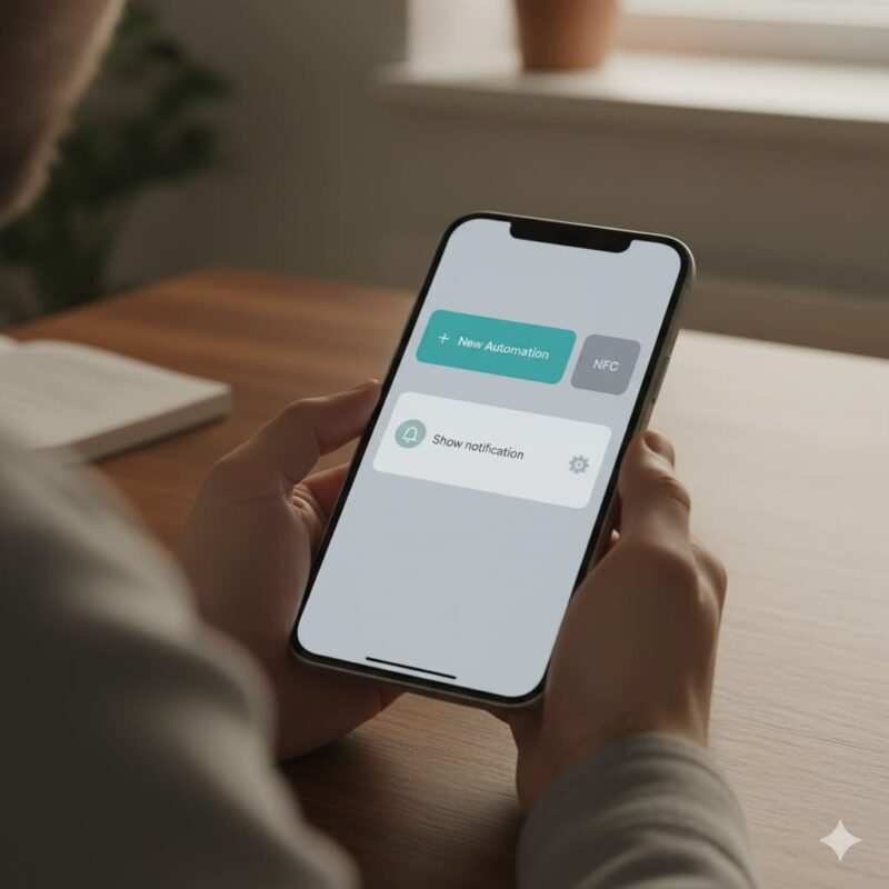 Over-the-shoulder view of a phone screen showing a generic automation flow with an NFC trigger and a “Show Notification” action.