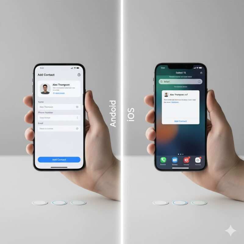 Split-screen comparison showing Android phone with instant contact popup and iPhone with Safari notification for NFC tag reading