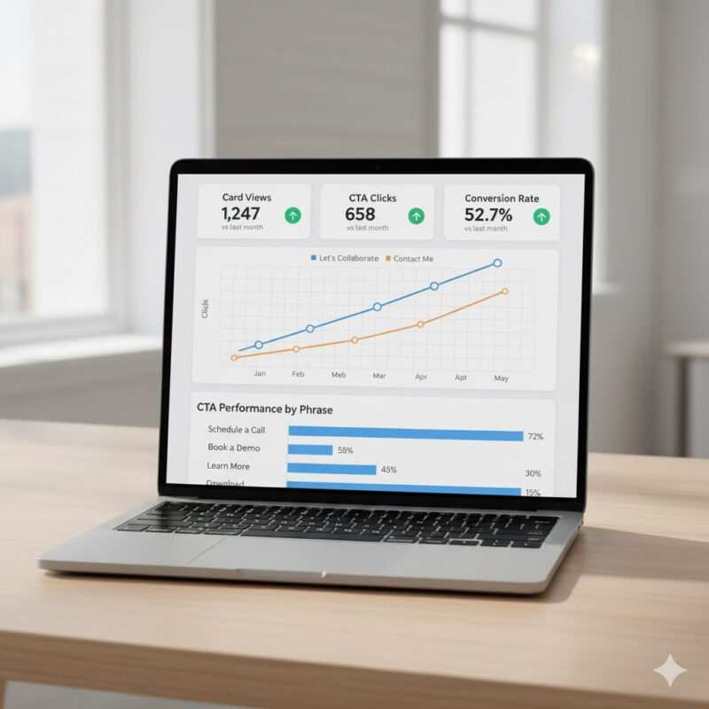 Analytics dashboard displaying digital business card CTA click-through rates, conversion metrics, and A/B testing results with graphs and statistics
