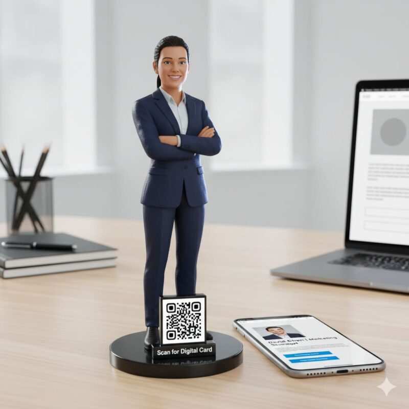 3D miniature figurine version of business professional standing on circular base with QR code, styled like collectible toy with glossy finish