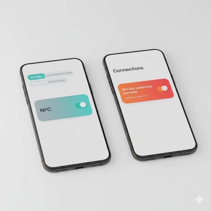 Two side‑by‑side phone screens with generic Settings pages showing an NFC toggle enabled; left labeled Use NFC, right labeled NFC and contactless payments.