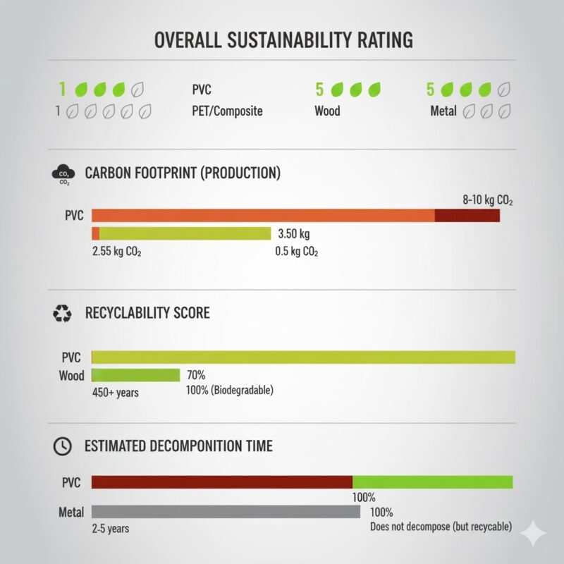 Bar chart comparing carbon footprint, recyclability, and biodegradability scores for PVC, PET, wood, and metal card materials with sustainability ratings