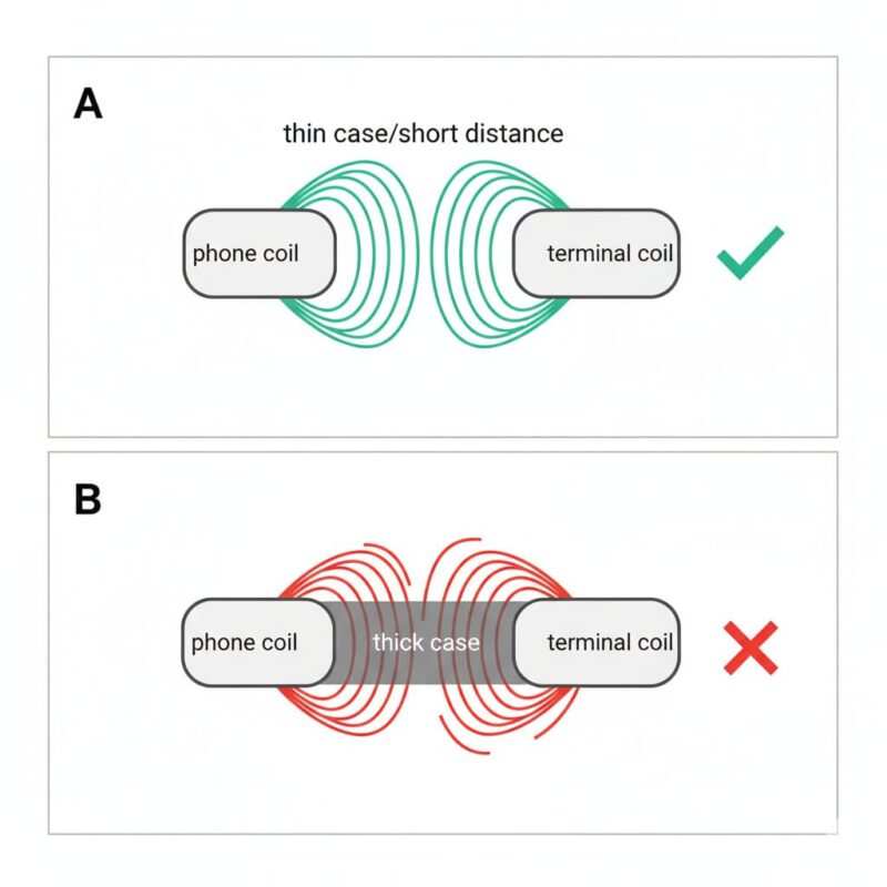 Simple diagram of a phone coil and reader coil showing strong coupling at short distance and weak coupling when a thick case adds extra spacing.