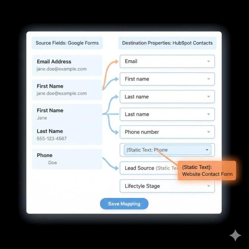 Data mapping interface showing how to connect form fields to HubSpot contact properties including email, name, phone number, and lead source