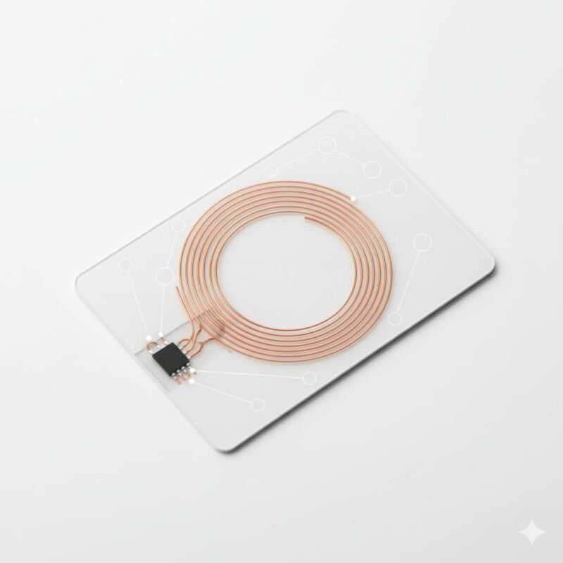 Cutaway macro of a PVC business card showing the copper antenna loop and a tiny NFC chip embedded inside, on a white background.
