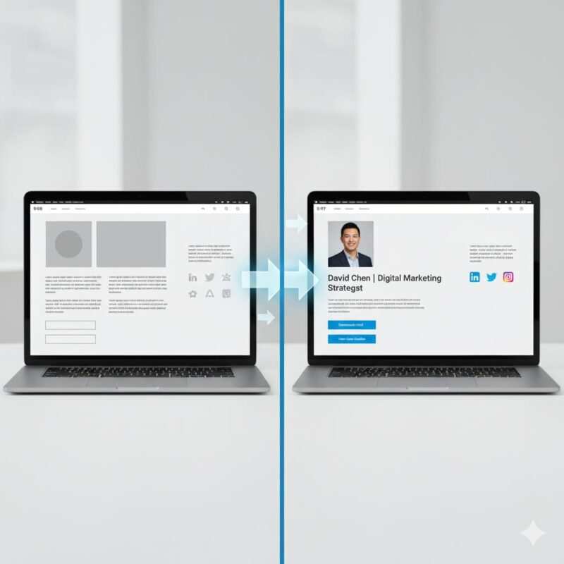 Split screen showing blank template on left transforming into completed professional landing page with photo, bio, and social links on right