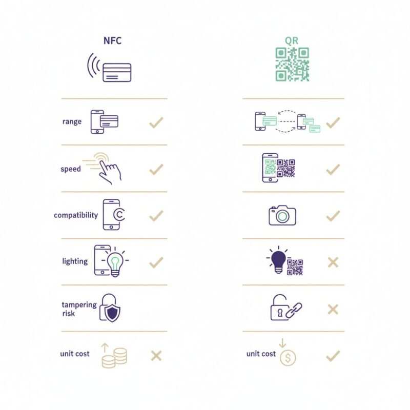Minimalist infographic with two columns (NFC vs QR) using icons to show range, speed, compatibility, lighting, tampering risk, and cost—no body text.