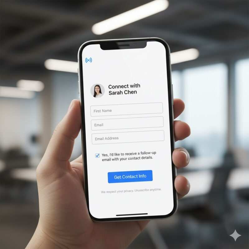 Mobile phone displaying NFC business card landing page with name, email input fields, and explicit consent checkbox for GDPR and CAN-SPAM compliance