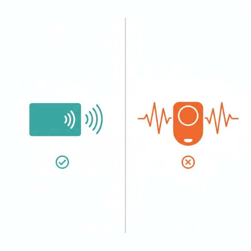 Side-by-side illustration comparing a 13.56 MHz NFC card and a 125 kHz RFID fob, with different colored wave patterns.