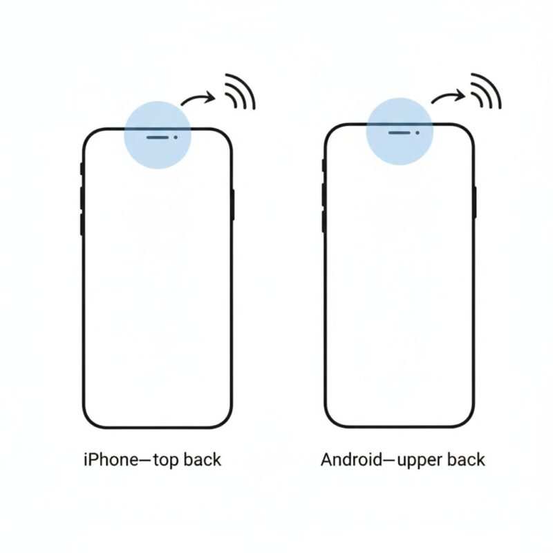 Two phone silhouettes showing the NFC hotspot near the top‑back of an iPhone‑like device and the upper‑back of an Android‑like device, with arrows indicating where to tap.