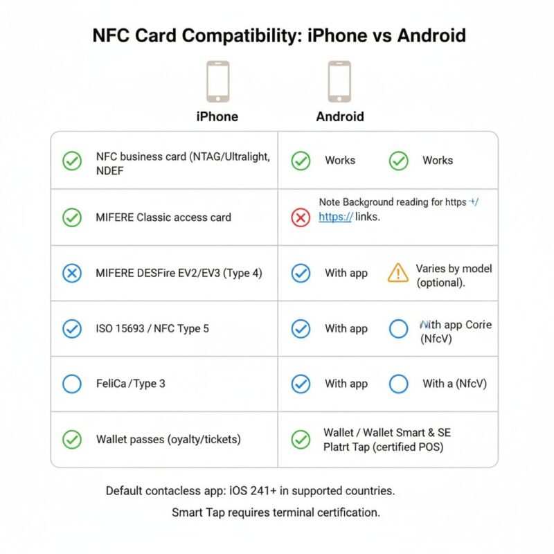  Comparison chart of NFC business card (NDEF), MIFARE Classic, DESFire, ISO 15693 Type 5, FeliCa, and Wallet passes, with iPhone and Android columns and notes about apps and Smart Tap.
