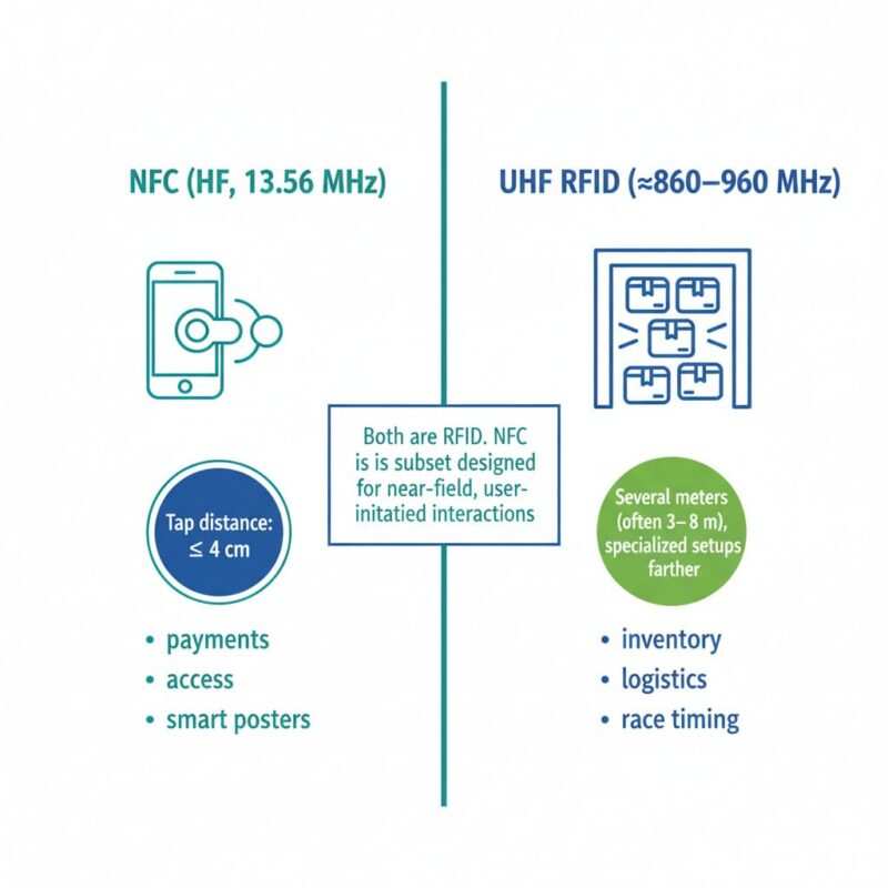  Infographic contrasting NFC at 13.56 MHz with short tap range versus UHF RFID at ~860–960 MHz with several‑meter range, showing smartphone and warehouse portal icons.