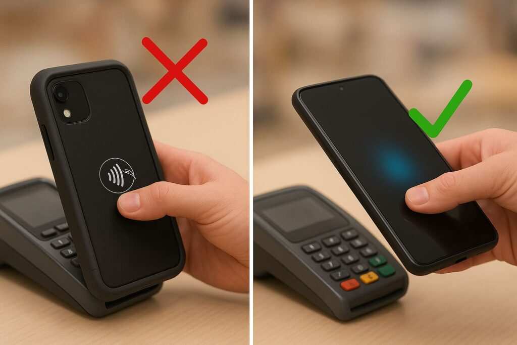 Split image showing a modern smartphone failing to tap‑to‑pay with a thick case attached (red X) and succeeding after the case is removed (green check), same terminal and angle.