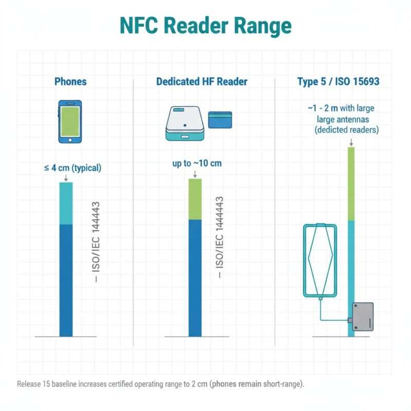 Three-column comparison chart showing phone read range ≤4 cm, dedicated HF reader for ISO 14443 up to ~10 cm, and ISO 15693 (Type 5) with large antennas reaching ~1–2 m.