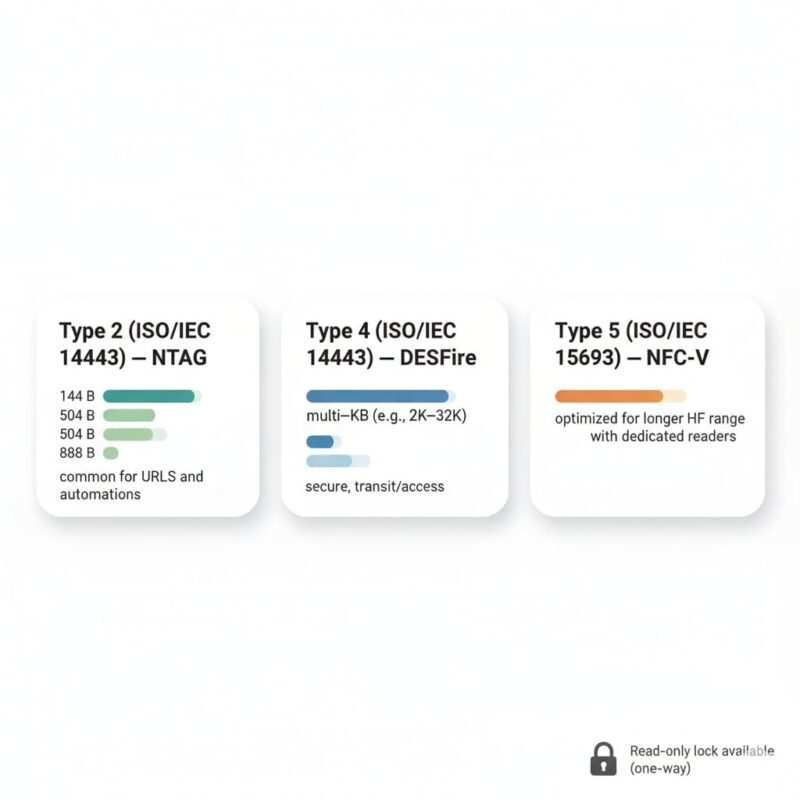 Matrix graphic showing NFC Type 2 (NTAG) 144/504/888 bytes, Type 4 (DESFire) multi‑KB options, and Type 5 (NFC‑V) examples, with a padlock icon illustrating read‑only locking.