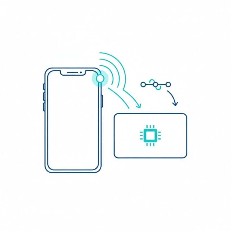 Minimalist diagram showing a phone energizing a passive NFC tag and NDEF data flowing back.