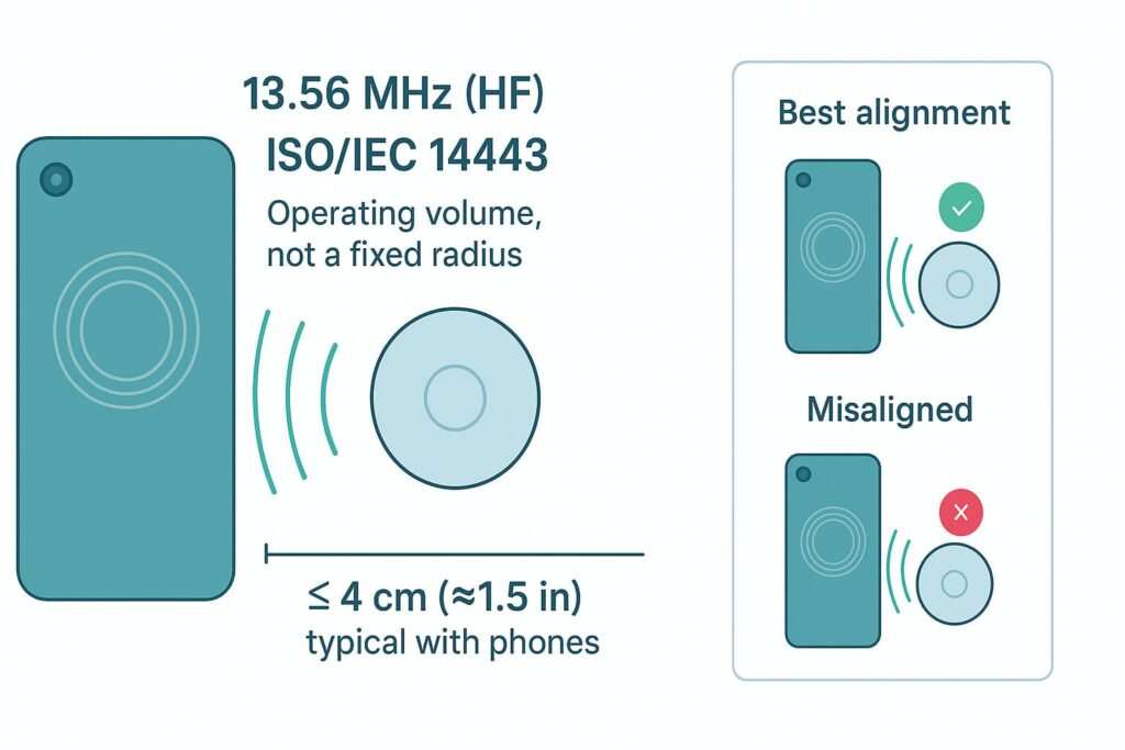 Diagram showing smartphone and NFC tag with magnetic field lines, typical NFC tap range of 4 cm (1.5 in) or less, and correct vs incorrect antenna alignment.