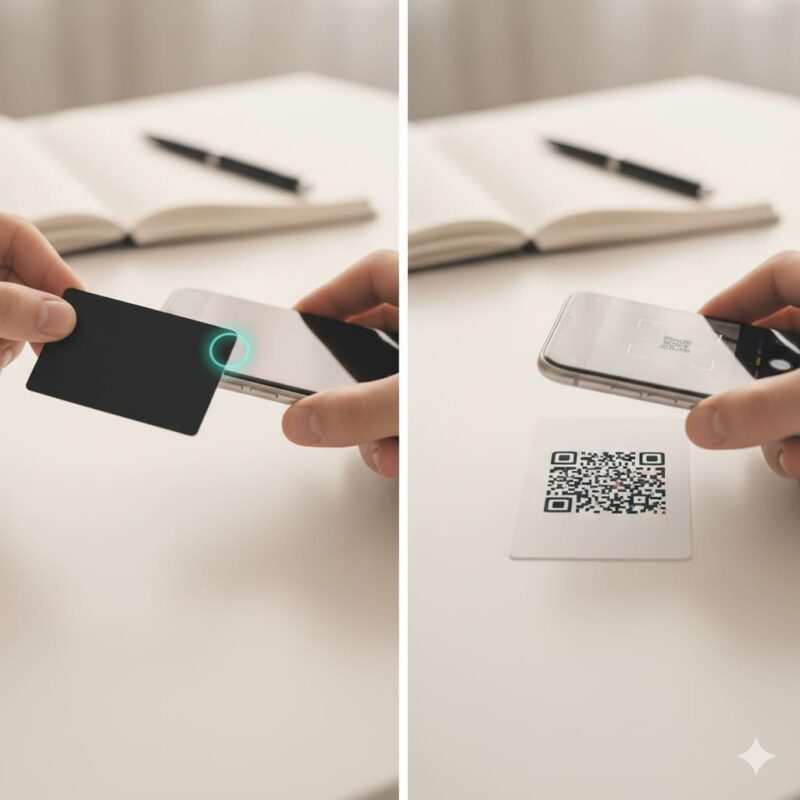 Split image comparing a person tapping an NFC card to a phone versus scanning a non‑functional illustrative QR code from a short distance.