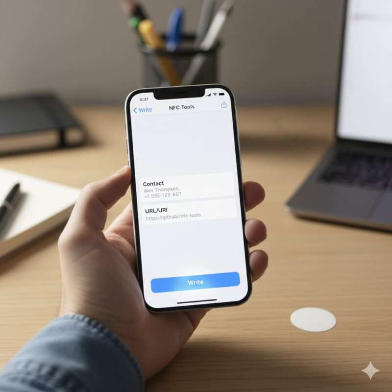 Smartphone displaying NFC Tools app with multi-record setup showing contact record and URL record ready to write to NFC tag