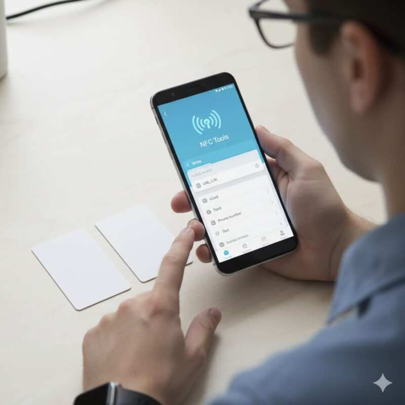 NFC Tools app open on an Android phone while writing contact details to an NFC card
