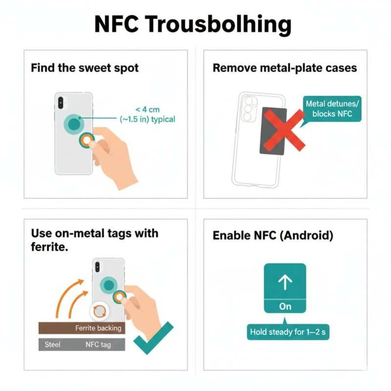 Multi‑panel graphic showing the NFC antenna “sweet spot” on phones, a case with a hidden metal plate blocking reads, on‑metal tags with ferrite backing, Android NFC toggle, and the typical ≤4 cm tap distance.