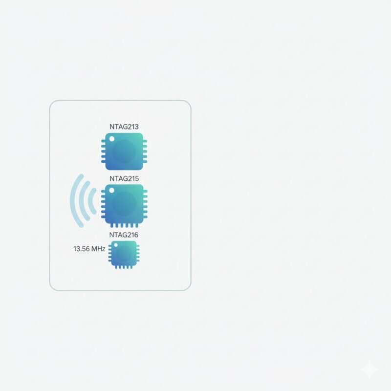 Minimalist infographic backdrop showing three memory icons sized small/medium/large to represent 144B, 504B, 888B; NFC waves motif.