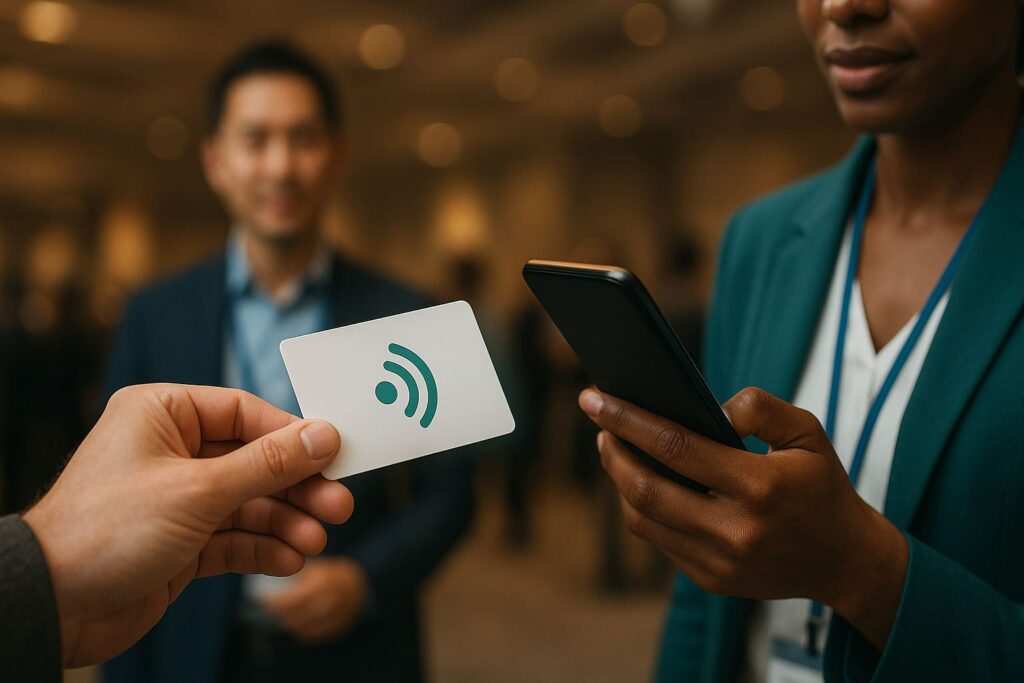 Two professionals at a conference; one taps a phone near an NFC business card while the other side of the card shows a QR code, illustrating close‑range tap vs distance scanning.