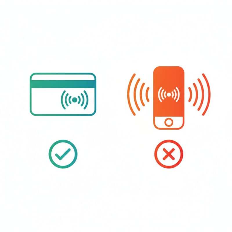 Split infographic showing a flat NFC card with tight high‑frequency waves on the left (checkmark) and a thick 125 kHz RFID fob with long low‑frequency waves on the right (X mark).