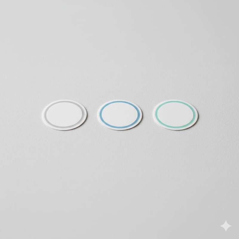 Three NFC tag models (NTAG213, NTAG215, NTAG216) displayed as blank round stickers with subtle color coding