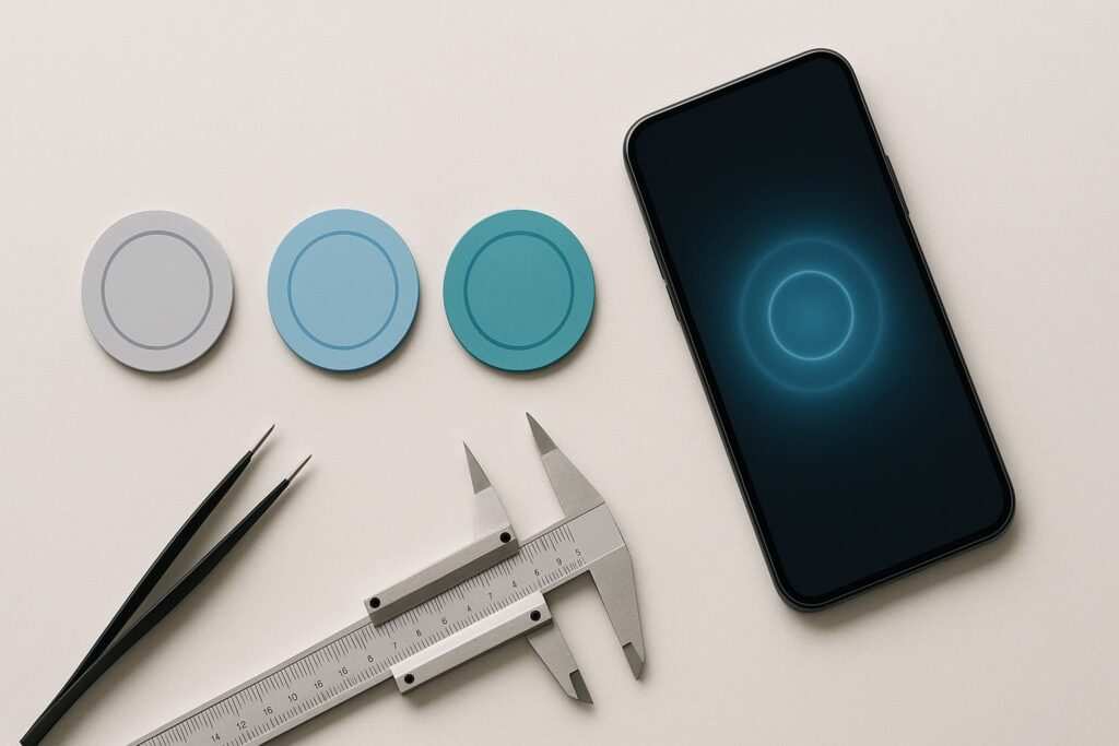 Flat‑lay of three NFC stickers (NTAG213/215/216) beside a modern smartphone scanning a tag on a clean desk.