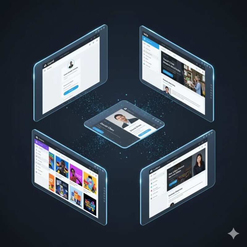 Multiple browser windows showing Carrd, Wix, HubSpot, and Canva builders creating the same business card landing page with different interfaces