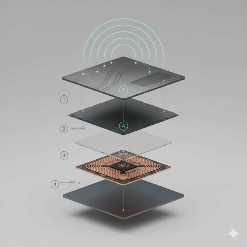 Exploded 3D view of a metal NFC business card showing metal layer, ferrite shield, and NFC tag assembly.