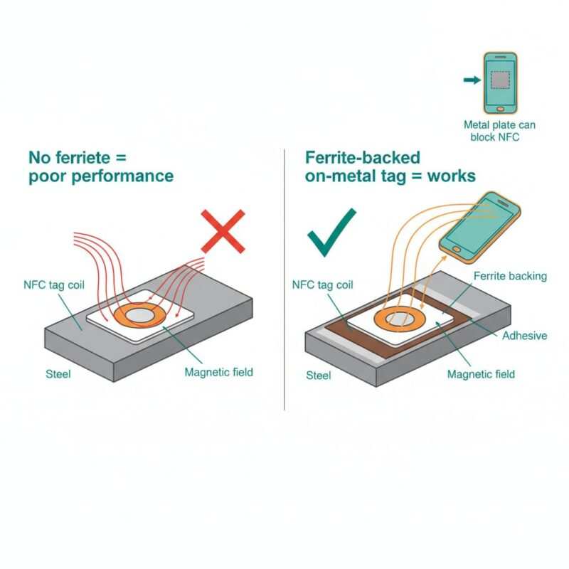 Split-panel infographic showing a standard NFC tag failing on steel versus an on‑metal tag with ferrite backing working, plus a phone case with a hidden metal plate blocking NFC.
