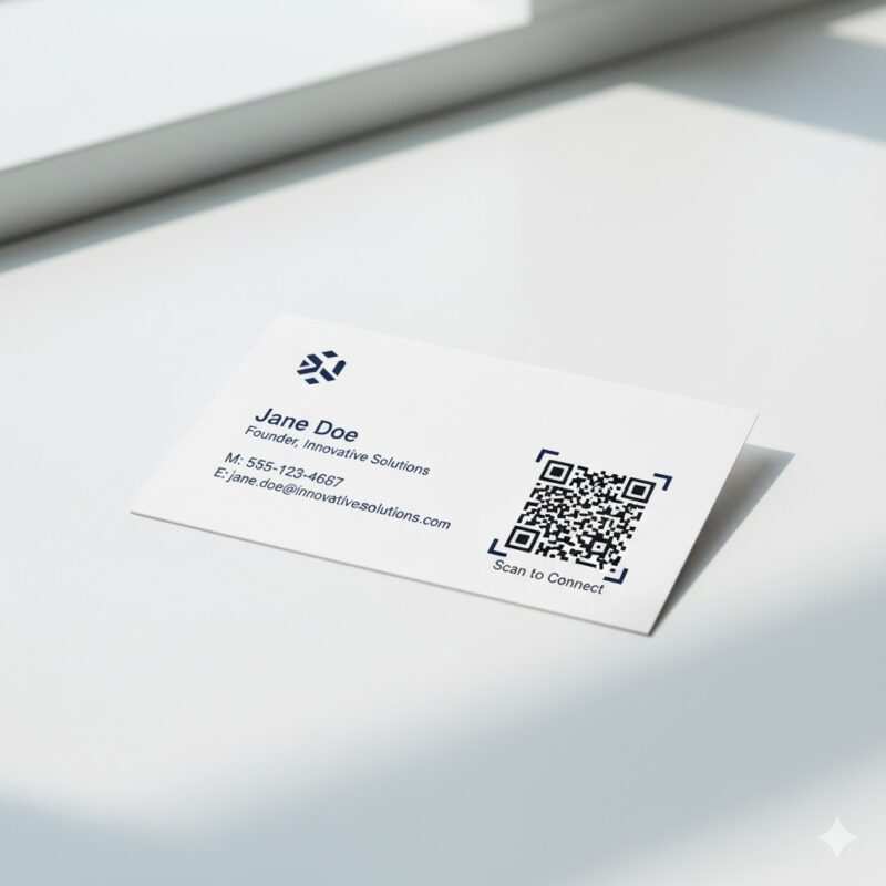 A well-designed business card featuring a properly sized QR code (2 cm), adequate quiet zone, high contrast, and clear call-to-action—following all best practices for maximum scannability.