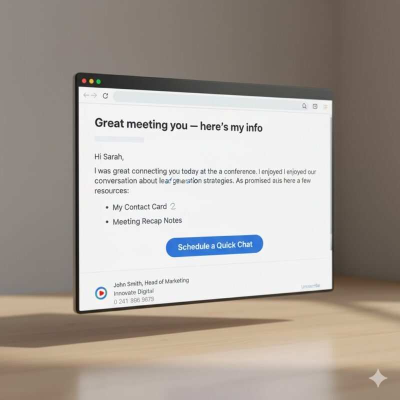 Professional email template showing personalized thank-you message with contact details, meeting recap, and clear call-to-action for NFC business card follow-ups