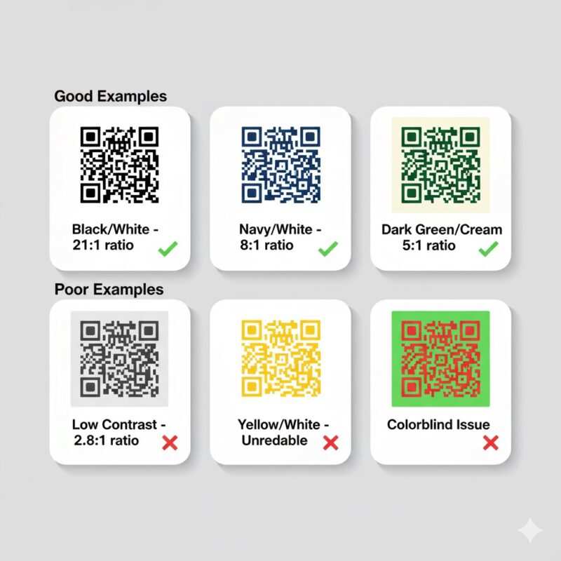 Six QR code examples demonstrating contrast ratios: black on white with green checkmark, dark navy on cream with checkmark, dark gray on light gray with red X, yellow on white with red X, red on green with red X, and inverted white on black with warning symbol