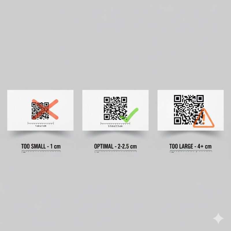 Three business cards showing QR code size comparison: undersized 1cm code marked with X, optimal 2cm code marked with checkmark, and oversized 4cm code, demonstrating proper sizing