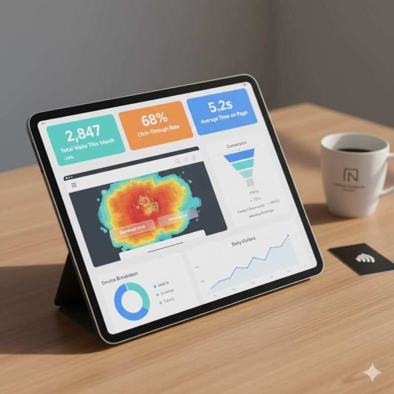 Analytics dashboard on tablet showing visitor metrics, click heatmap, conversion funnel, and device breakdown for digital business card landing page