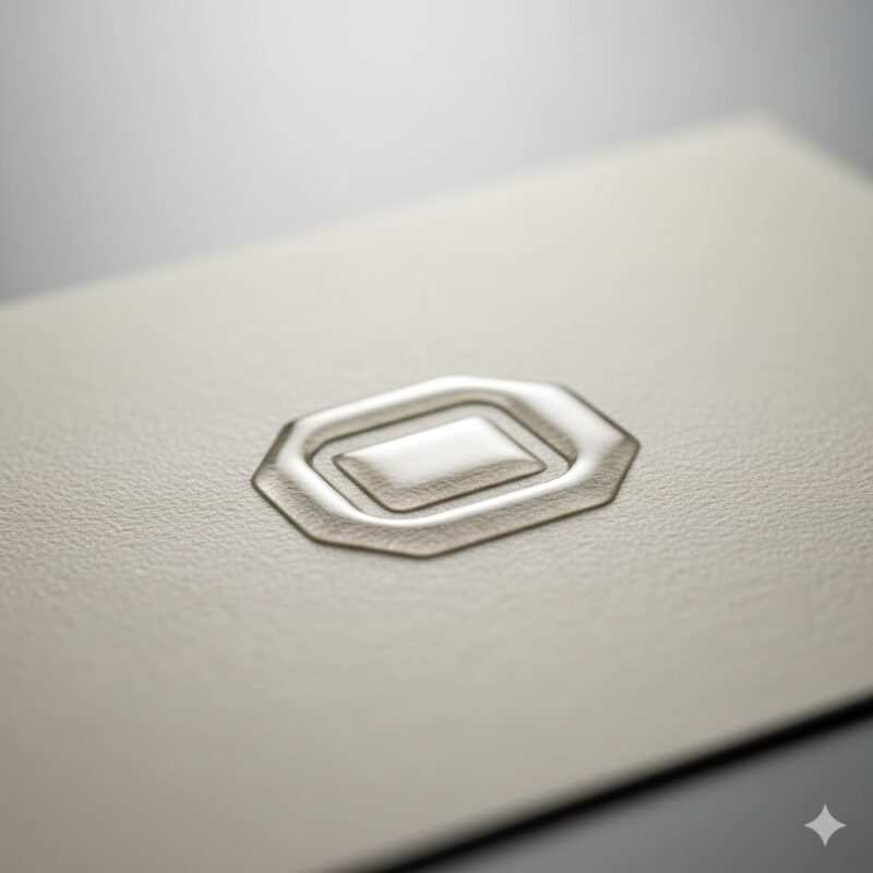 Extreme close-up macro photograph of spot UV coating on business card showing raised glossy texture and height dimension against matte background