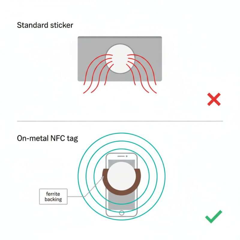 Diagram showing a standard NFC sticker on a steel plate failing (disrupted field lines, X) versus an on‑metal ferrite‑backed tag working (smooth field lines, check), with a simple ferrite layer cross‑section callout.