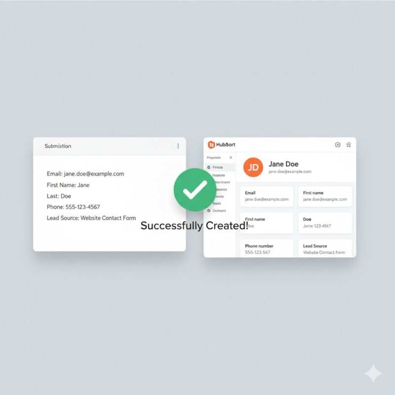 Side-by-side comparison showing test data on left and newly created contact record in HubSpot CRM on right, demonstrating successful automation